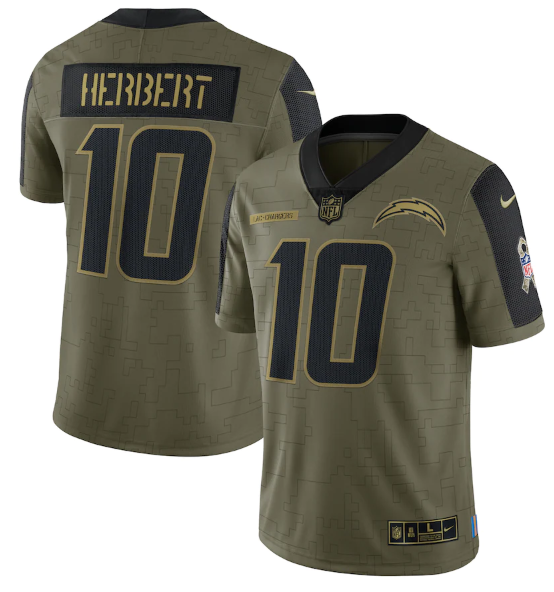 Men's Los Angeles Chargers #10 Justin Herbert 2021 Olive Salute To Service Limited Stitched Jersey